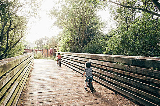 两个男孩,骑,自行车,桥,后视图
