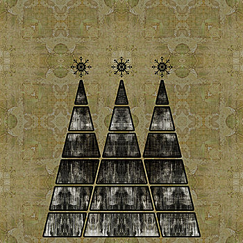 艺术,三个,圣诞树,黑白,彩色,抽象图案,米色,旧式,图案,背景