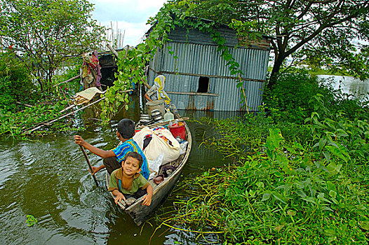 洪水,新,目的地,房子,达卡,淹没,水,孟加拉,八月,2007年