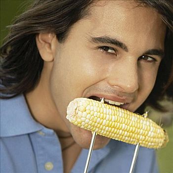 肖像,成熟,男人,吃,玉米