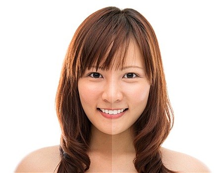 亚洲女性,脸,一半,晒黑,皮肤