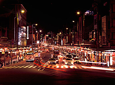 汽车,彩色,亮灯,街道,夜晚,袛园,京都,日本,亚洲