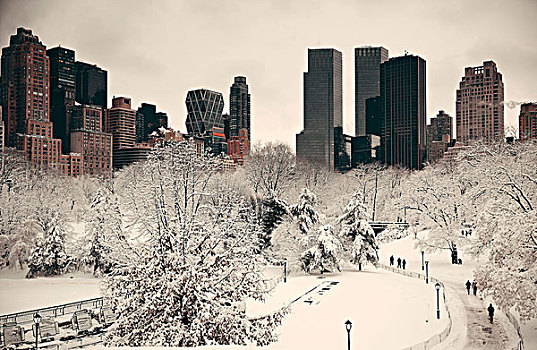 中央公园,冬天,摩天大楼,曼哈顿中城,纽约