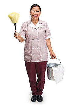 女清洁员,女仆装,掸子,桶,白色背景
