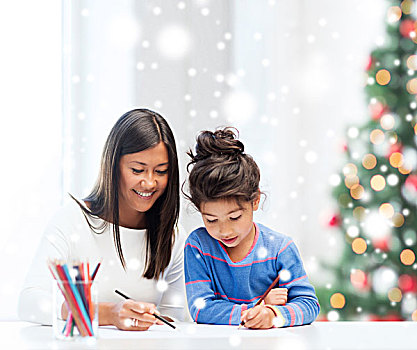 孩子,家庭,圣诞节,人,概念,微笑,小女孩,母亲,教师,绘画,上色,铅笔,室内