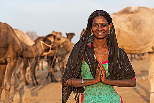 印第安女人,普什卡,骆驼,拉贾斯坦邦,印度