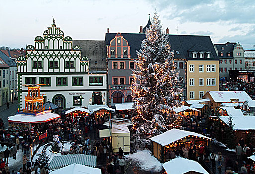 德国,图林根州,魏玛,圣诞市场,晚间,俯视,城市,圣诞节,圣诞树,状况,市场,人,心情,圣诞时节,时间,降临节