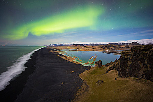 风景,岬角,海滩,湾,北极光,南,冰岛