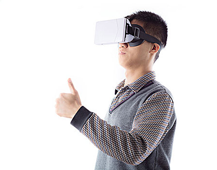 虚拟现实头盔男子的行动,vr眼镜,隔绝在白色背景