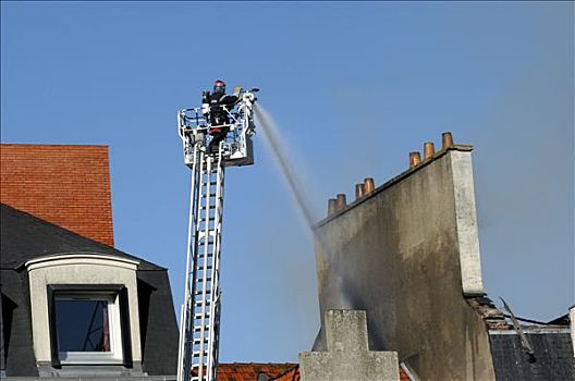 南特,法国,火,酒店,消防员,浇水