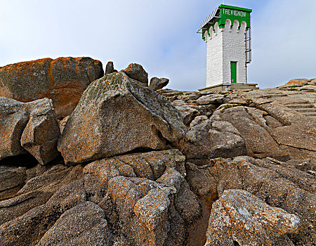 绿色,白色,灯塔,花冈岩,石头,特维尼翁岬角,菲尼斯泰尔,布列塔尼半岛,法国,欧洲