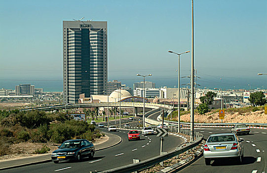 公路,正面,城市,后面,塔楼,海法,以色列,亚洲