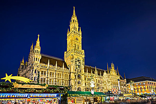 市政厅,圣诞市场,夜晚,慕尼黑,德国