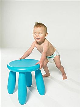 婴儿,蓝色,凳子