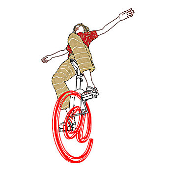 女人,骑自行车,象征,信息技术,单轮车,互联网,冲浪,插画