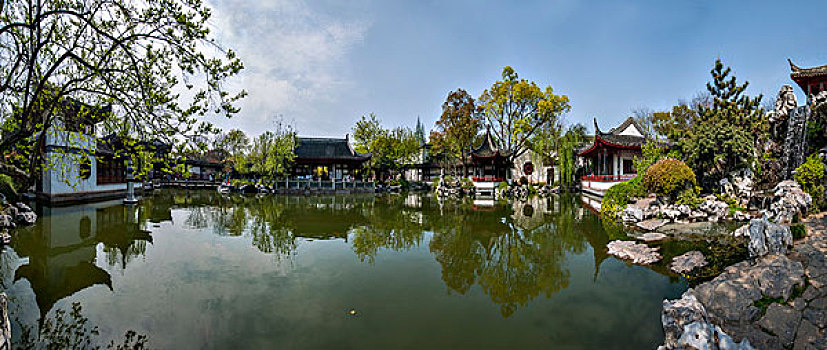 吴江市同里古镇珍珠塔景园园林假山水榭