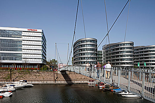 现代,办公室,建筑,五个,船,码头,杜伊斯堡,港口,区域,北莱茵威斯特伐利亚,德国