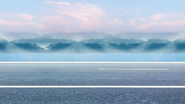 日落海边公路,远山作为汽车广告背景素材