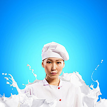 亚洲女性,烹饪,站立,牛奶,红色,围裙,背景