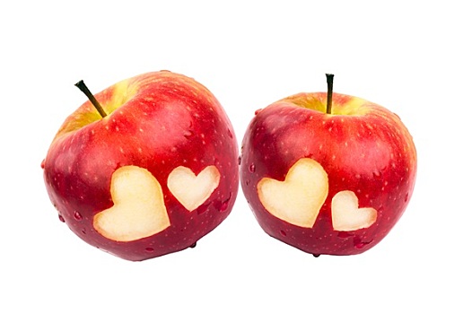 两个,苹果,心形,白色背景,情人节