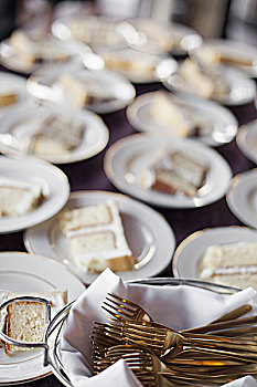 桌子,满载,盘子,白色,篮子,满,甜点,叉子,婚礼蛋糕