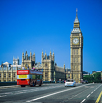 红色,观光,游客,旅游巴士,威斯敏斯特桥,议会大厦,威斯敏斯特宫,大本钟,伦敦,英格兰,英国