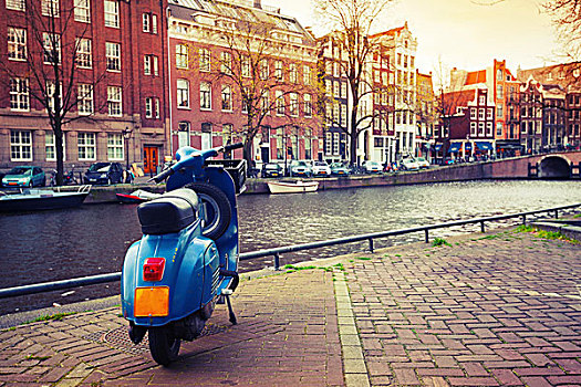 蓝色,站立,停放,运河,海岸,阿姆斯特丹