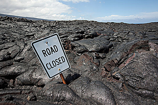 道路封闭,标识,遮盖,绳状熔岩,火山岩,夏威夷火山国家公园,夏威夷,美国
