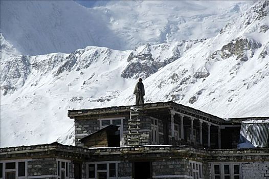 男人,站立,屋顶,房子,雪山,斜坡,背景,安娜普纳地区,尼泊尔