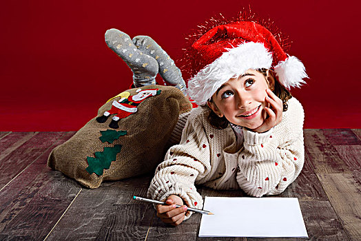 可爱,小女孩,戴着,圣诞帽,文字,圣诞老人,木地板,冬服,圣诞节