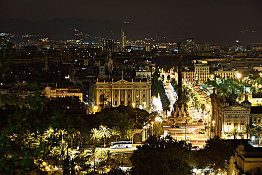 巴塞罗那,夜晚,风景,帕劳,西班牙,欧洲