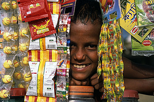 微笑,男孩,糖果,悬挂,店,孟加拉