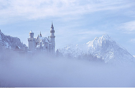 新天鹅堡,雾,巴伐利亚,德国