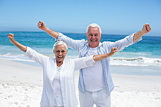 老年,夫妻,伸展,手臂,海滩