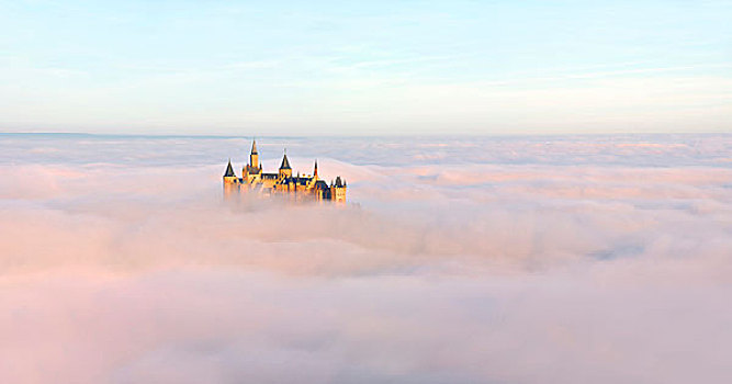 城堡,晨光,晨雾,巴登符腾堡,德国,欧洲