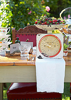 桌面布置,晴朗,花园,碗,清新,浆果,钟表