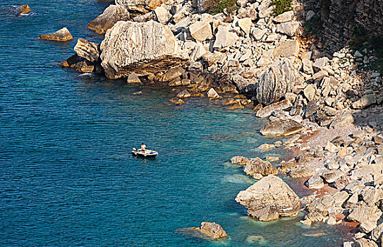 小船,靠近,沿岸,石头,亚德里亚海,黑山