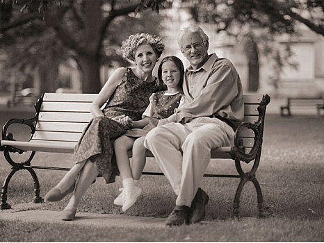 肖像,家庭,公园长椅