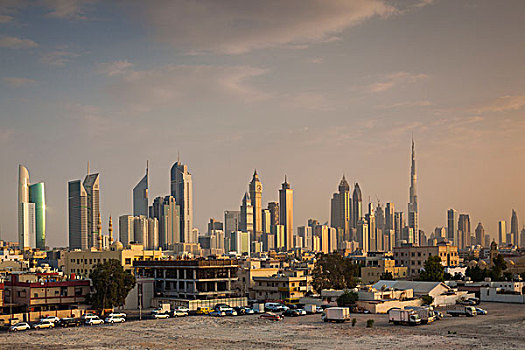 阿联酋,迪拜,摩天大楼,道路,天际线,黃昏