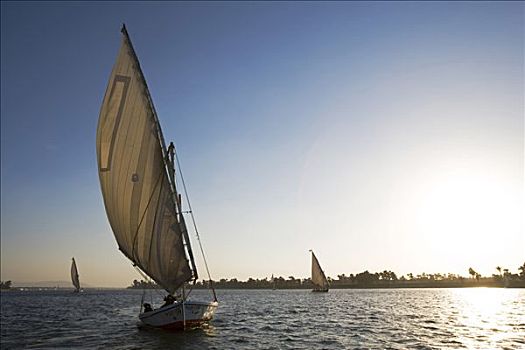 三桅小帆船,剪影,落日,尼罗河,路克索神庙,埃及