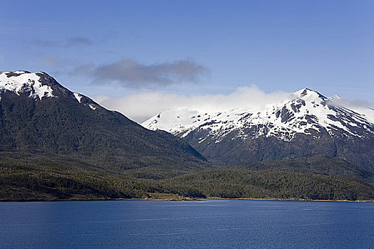水道,正面,积雪,山峦,尚武,比格尔海峡,火地岛,巴塔哥尼亚,阿根廷