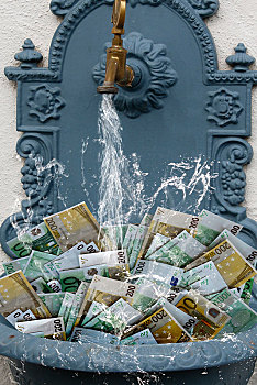 伪造,钱,喷泉,水,象征