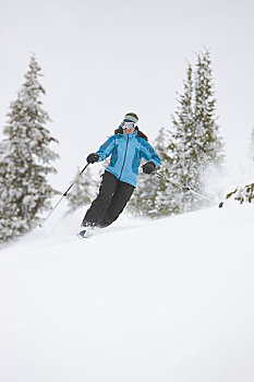 女人,屈膝旋转式滑雪,靠近,科罗拉多,美国