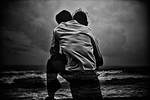 一对,展示,情侣,站立,靠近,海洋,风暴,风吹,晚间,看,室外,孟买,印度