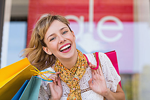微笑,女人,拿着,购物袋,笑,讥笑,商场