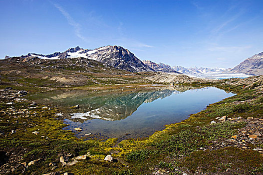 山,湖,反射,峡湾,地区,格陵兰东部,格陵兰,丹麦