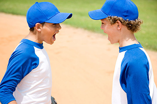 两个男孩,棒球装备,叫,相互