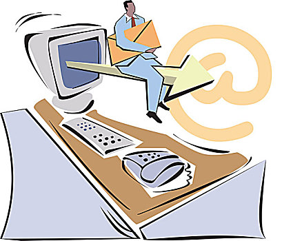 男人,坐,箭,电脑显示器,拿着,电子邮件
