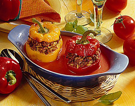 胡椒,西红柿,碗,罗勒