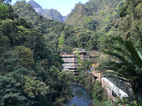 河,房子,繁茂,山